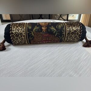 Raymond Waites Vintage Tiger tapestry  neck roll pillow with tassels Luxury Glam